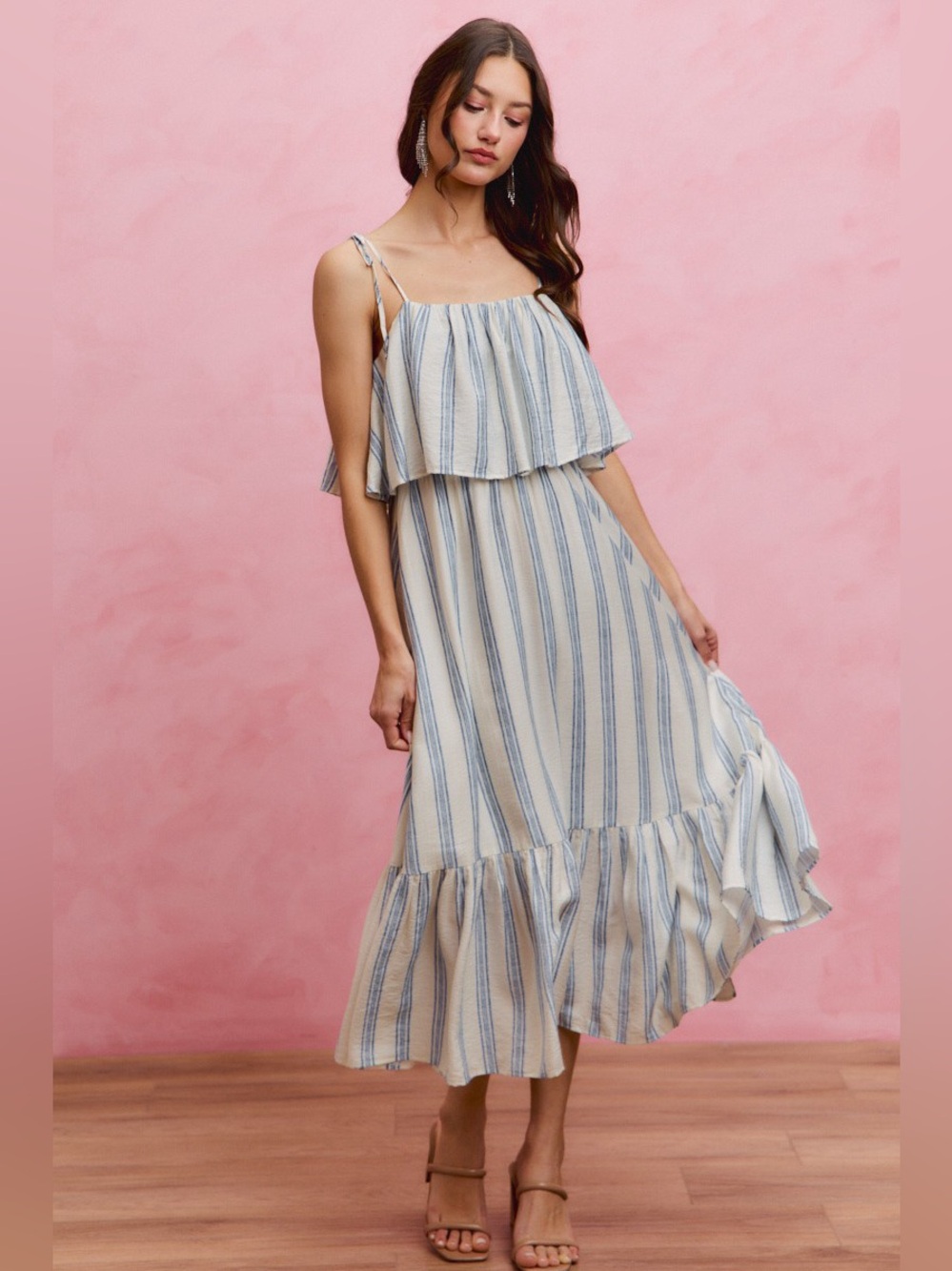 SO ME Stripe Tiered Shoulder Tie Midi Lined Dress - Picture 1 of 15